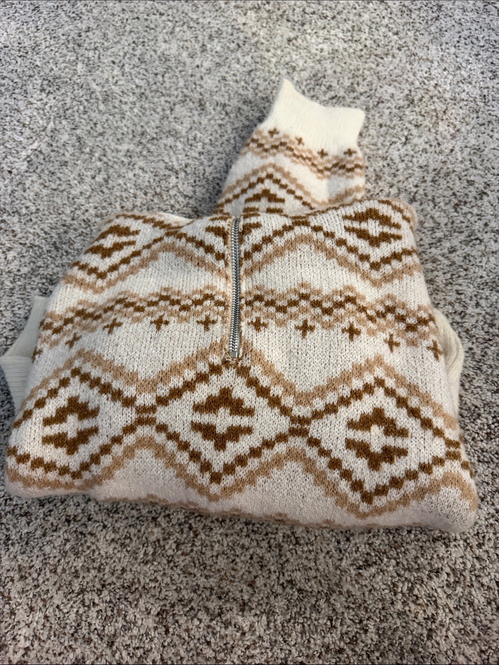 Forever 21 Cream & Brown Fair Isle Half-Zip Sweater